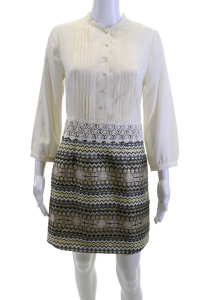 kensie Women Beige Shift Shirt Dress High Neck Long Sleeve Geometric Size S