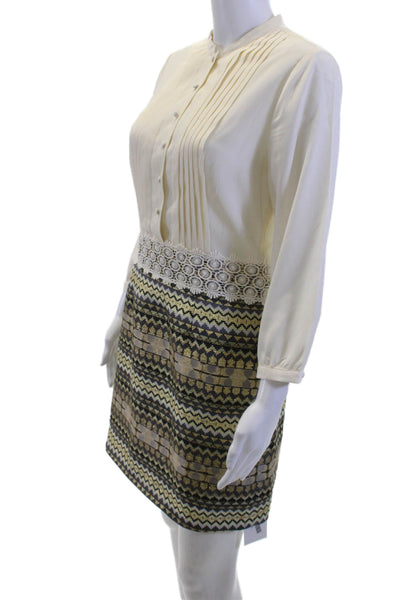 kensie Women Beige Shift Shirt Dress High Neck Long Sleeve Geometric Size S