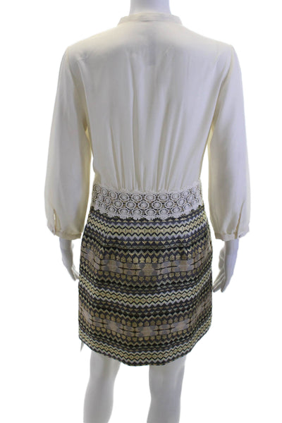 kensie Women Beige Shift Shirt Dress High Neck Long Sleeve Geometric Size S