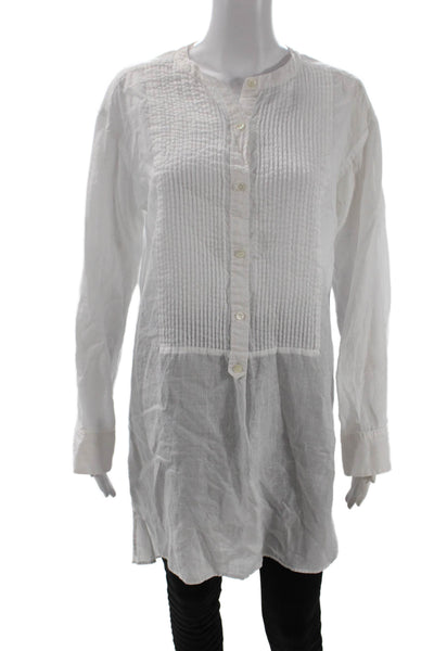 Theory Women Tunic Button-Up White 100% Ramie Long Sleeve Crew Neck Size L
