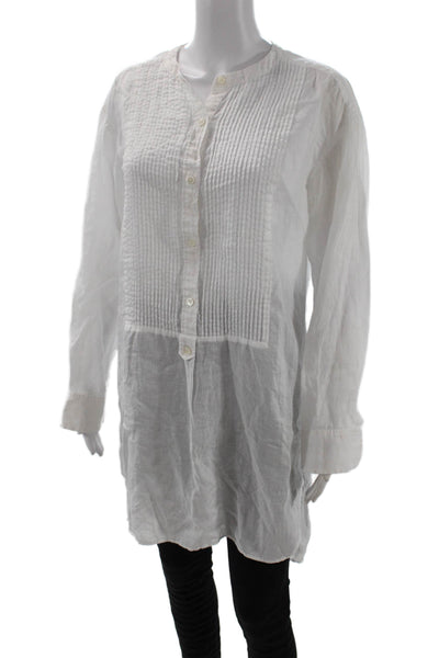 Theory Women Tunic Button-Up White 100% Ramie Long Sleeve Crew Neck Size L