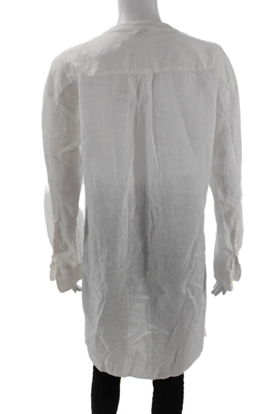 Theory Women Tunic Button-Up White 100% Ramie Long Sleeve Crew Neck Size L