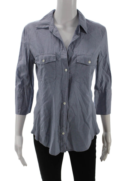 Standard James Perse Women Blue Striped Collared Button-Up 3/4 Sleeve Size 3