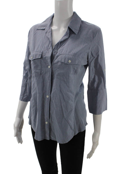 Standard James Perse Women Blue Striped Collared Button-Up 3/4 Sleeve Size 3