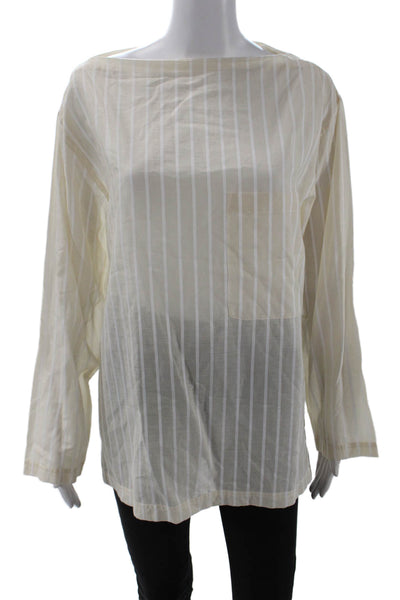 Theory Women Basic Striped Cotton Blouse Long Sleeve Beige Size M