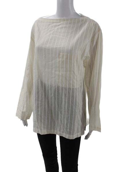 Theory Women Basic Striped Cotton Blouse Long Sleeve Beige Size M