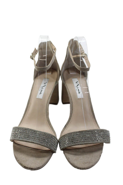 Nina Womens Suede Ankle Strap Open Toe Rhinestone Detail Heels Beige Size 9.5