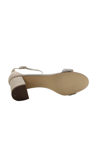 Nina Womens Suede Ankle Strap Open Toe Rhinestone Detail Heels Beige Size 9.5