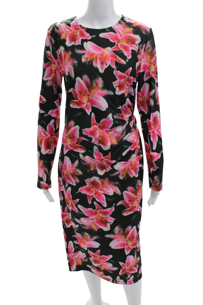 Jonathan Cohen Women Sheath Dress Black Floral Long Sleeve Crew Neck Size L