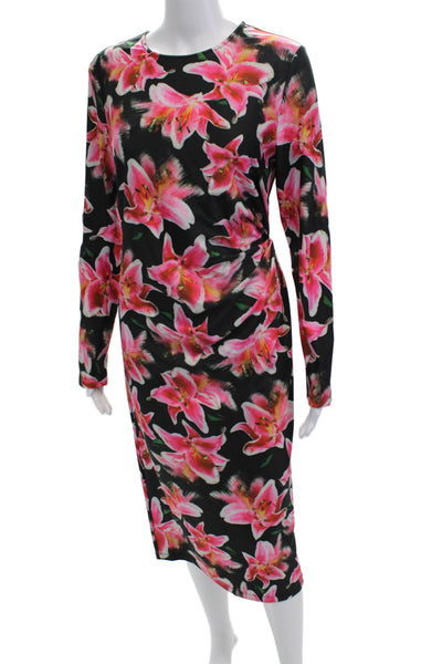 Jonathan Cohen Women Sheath Dress Black Floral Long Sleeve Crew Neck Size L