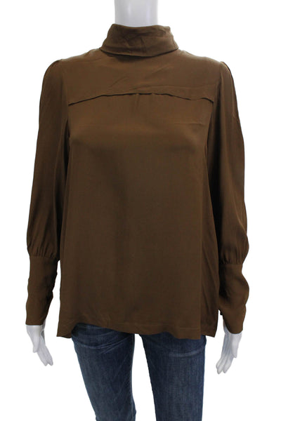 Ottod Ame Women Silk Acetate Mock Neck Long Sleeve Button Blouse Brown Size M