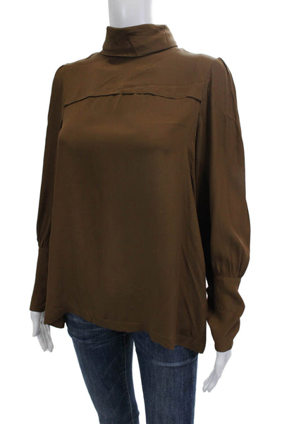 Ottod Ame Women Silk Acetate Mock Neck Long Sleeve Button Blouse Brown Size M