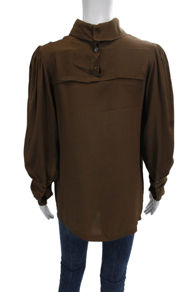 Ottod Ame Women Silk Acetate Mock Neck Long Sleeve Button Blouse Brown Size M