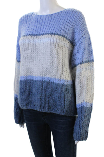 OUI Women Pullover Light Blue Striped Round Neck Long Sleeve Size 6