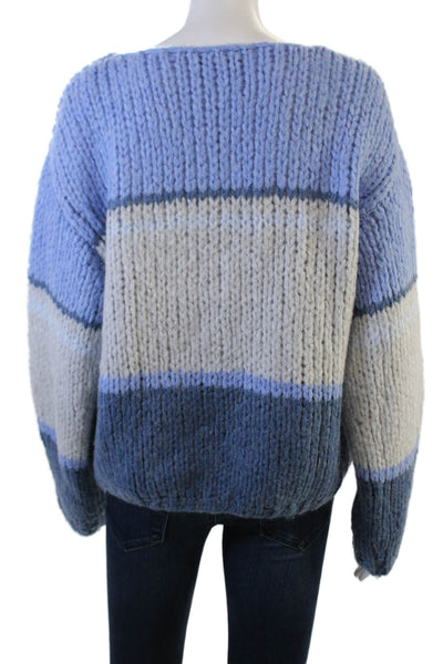 OUI Women Pullover Light Blue Striped Round Neck Long Sleeve Size 6