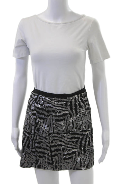 Theory Women Mini A-Line Silk Animal Print Black Skirt Size 12