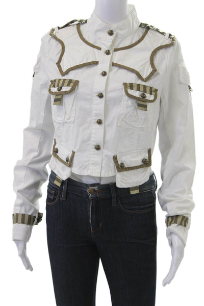 Sass & Bide Women Military Jacket White Striped Cotton High Neck Size S
