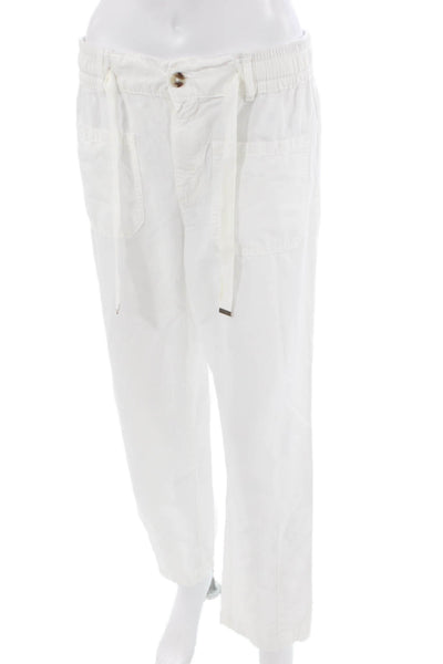 Zara Women White Cotton-Linen Jogger Pants Button Closure Size M