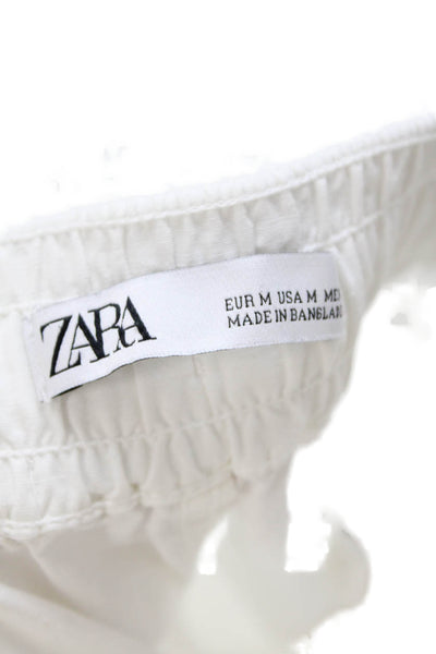 Zara Women White Cotton-Linen Jogger Pants Button Closure Size M