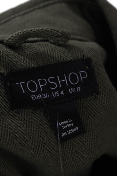 Topshop Unisex Military Jacket Green Cotton Collared Long Sleeve Size 4