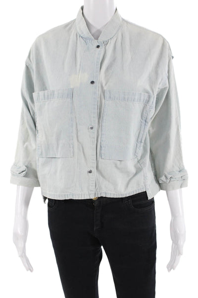 Zara Women Light Blue Cotton Blend Mock Neck 3/4 Sleeve Jacket Size S