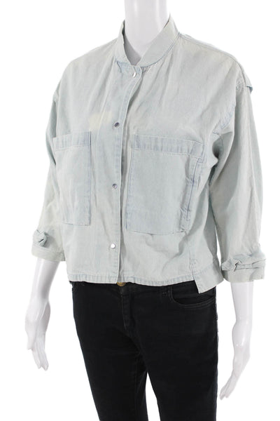 Zara Women Light Blue Cotton Blend Mock Neck 3/4 Sleeve Jacket Size S