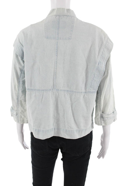 Zara Women Light Blue Cotton Blend Mock Neck 3/4 Sleeve Jacket Size S