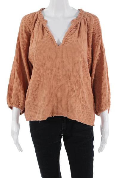 Nation LTD Womens Bohemian Tunic Blouse Brown V-Neck 3/4 Sleeve Cotton Size S