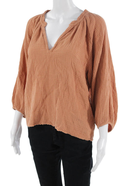 Nation LTD Womens Bohemian Tunic Blouse Brown V-Neck 3/4 Sleeve Cotton Size S