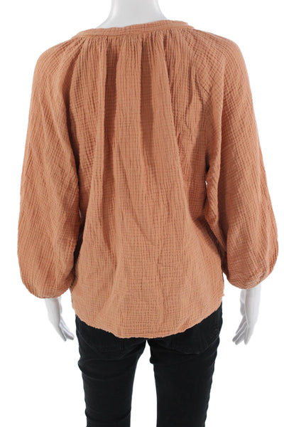 Nation LTD Womens Bohemian Tunic Blouse Brown V-Neck 3/4 Sleeve Cotton Size S