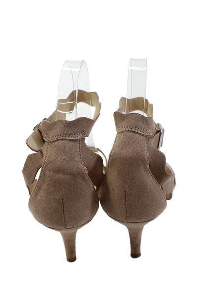 Chinese Laundry Womens Stiletto Scalloped Ankle Strap Sandals Brown Suede Size 8