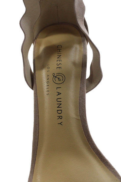 Chinese Laundry Womens Stiletto Scalloped Ankle Strap Sandals Brown Suede Size 8