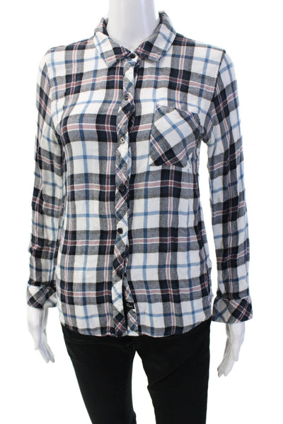 Rails Women Plaid Collared Button-Up Blouse Black Long Sleeve Size S