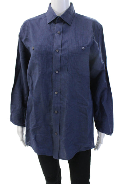 J. Mclaughlin Men Striped Dark Blue Point Button-Up Linen Cotton Size S