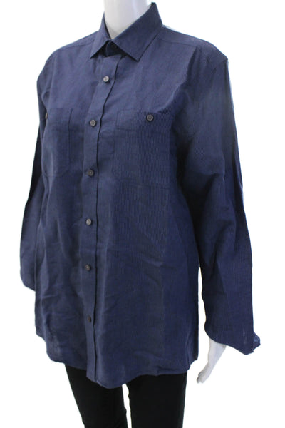J. Mclaughlin Men Striped Dark Blue Point Button-Up Linen Cotton Size S