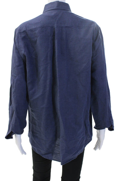 J. Mclaughlin Men Striped Dark Blue Point Button-Up Linen Cotton Size S