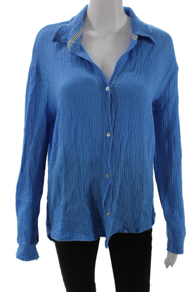Sundry Women Basic Collared Button-Up Blue Cotton Long Sleeve Blouse Size S