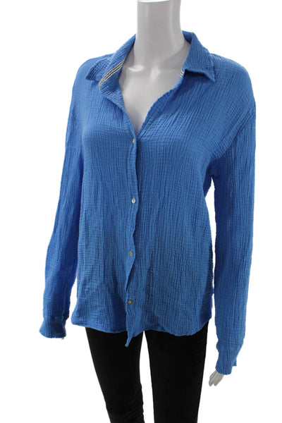 Sundry Women Basic Collared Button-Up Blue Cotton Long Sleeve Blouse Size S