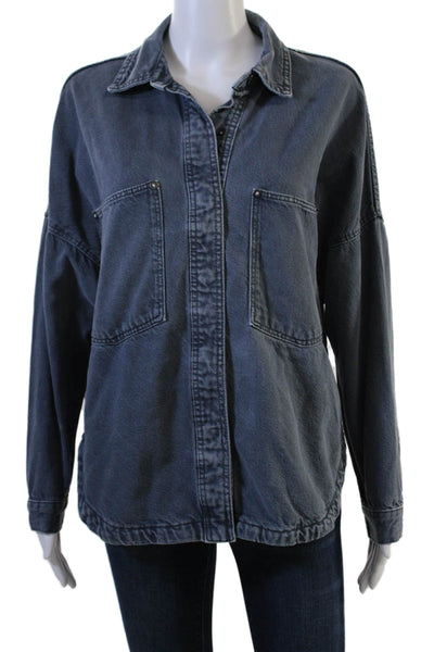 Zara Women Jacket Dark Blue Cotton Collared Snap Solid 90s Size S