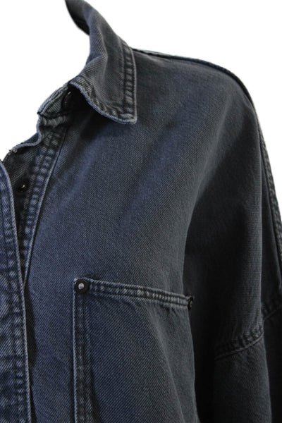 Zara Women Jacket Dark Blue Cotton Collared Snap Solid 90s Size S