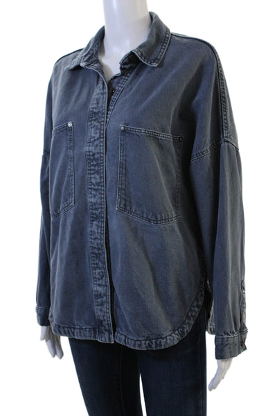 Zara Women Jacket Dark Blue Cotton Collared Snap Solid 90s Size S