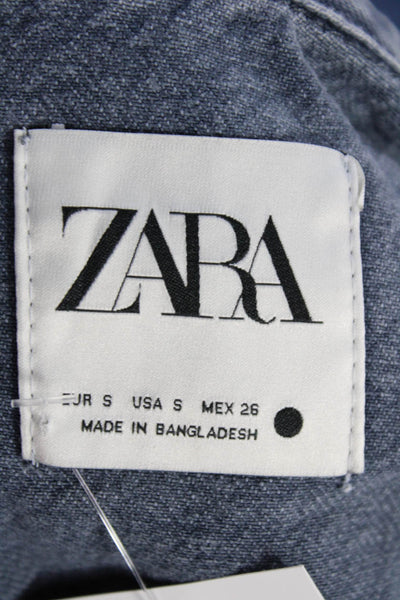 Zara Women Jacket Dark Blue Cotton Collared Snap Solid 90s Size S