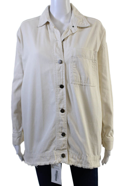 Zara Women Beige Cotton Collared Jacket Long Sleeve Button Size XS