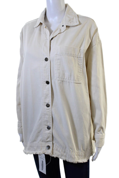 Zara Women Beige Cotton Collared Jacket Long Sleeve Button Size XS