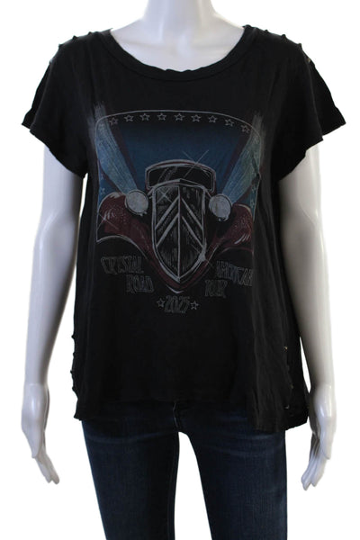 Current/Elliott Women Jersey T-Shirt Black Cars Graphic Crew Snap Size 1