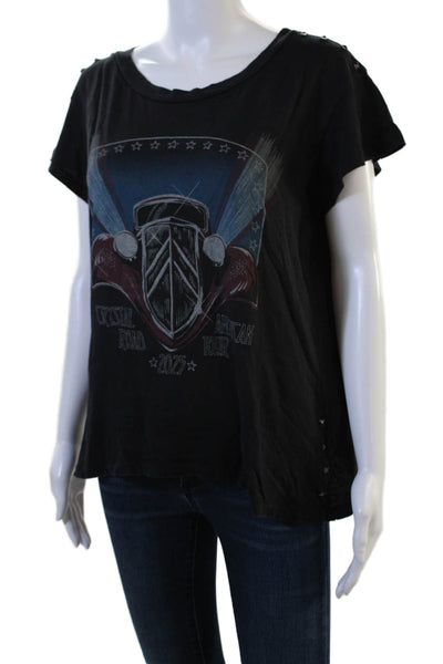 Current/Elliott Women Jersey T-Shirt Black Cars Graphic Crew Snap Size 1