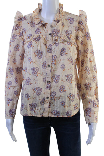 La Vie Women Bohemian Floral Collared Long Sleeve Button-Up Blouse Beige Size S