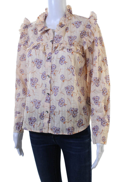 La Vie Women Bohemian Floral Collared Long Sleeve Button-Up Blouse Beige Size S