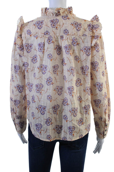 La Vie Women Bohemian Floral Collared Long Sleeve Button-Up Blouse Beige Size S