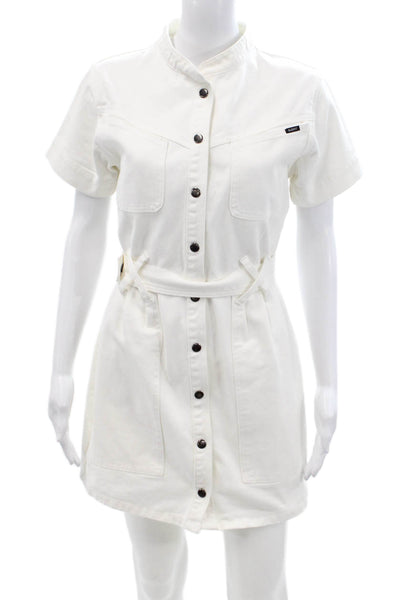 Bardot Women White Cotton Shirt Dress Mini Short Sleeve Button Collared Size 26